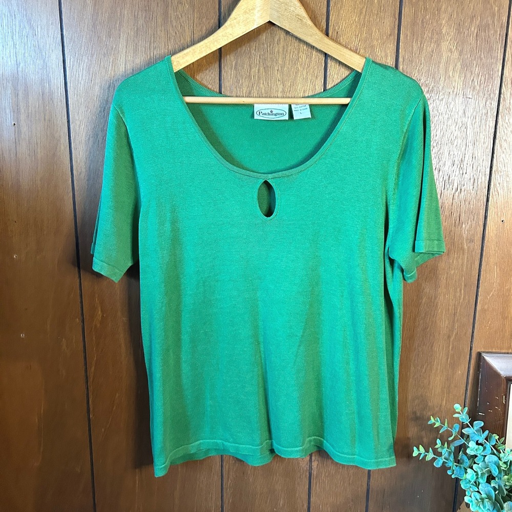Patchington‎ Green Top Womens L 100% Silk Short Sleeve Keyhole Knit